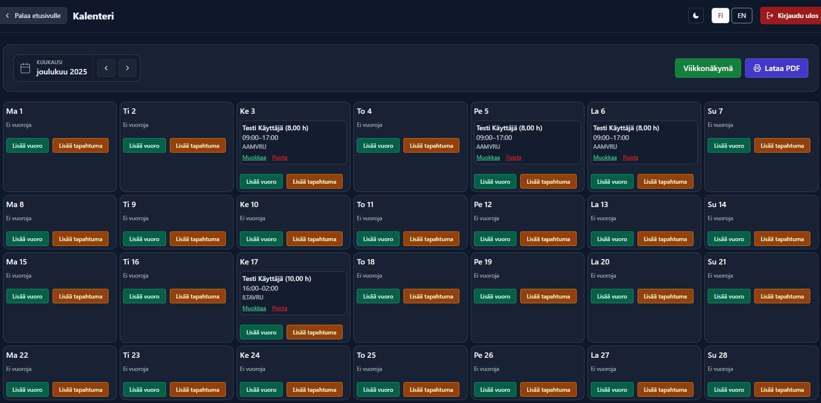 Työvuoropro käyttöliittymä, tumma tila